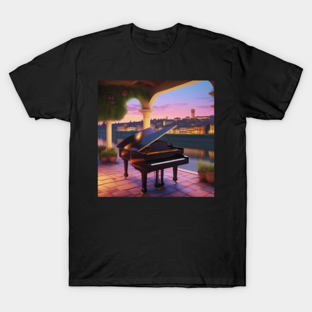 A Grand Piano In A Picturesque Scene in Florence Italy At Dusk T-Shirt by Musical Art By Andrew